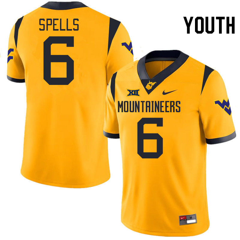 Youth #6 Jacolby Spells West Virginia Mountaineers College 2024 New Uniforms Football Jerseys Stitch